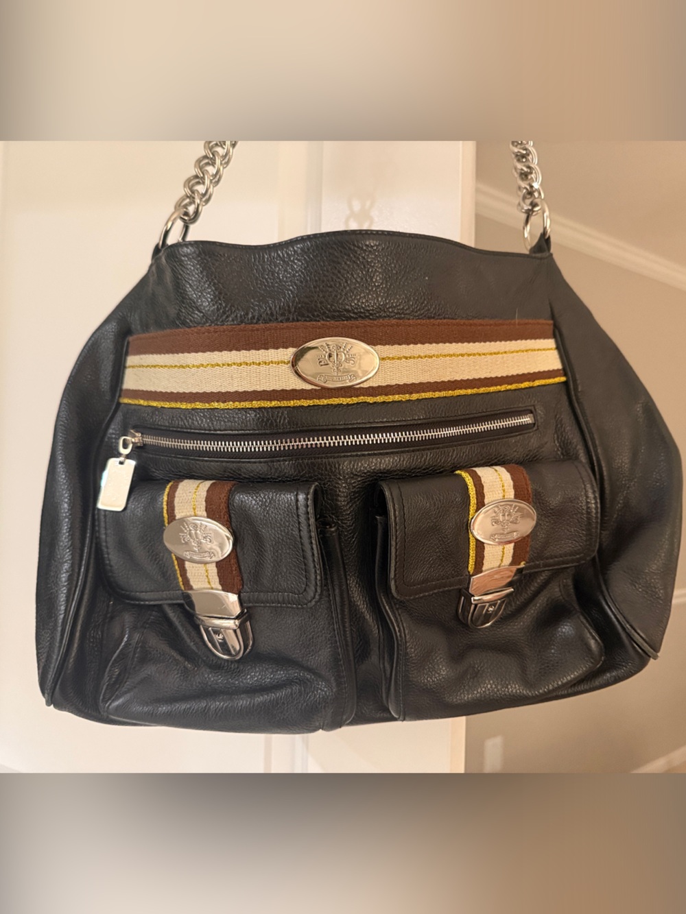 Black Leather Shoulder Bag with Striped Accent and Chain Strap